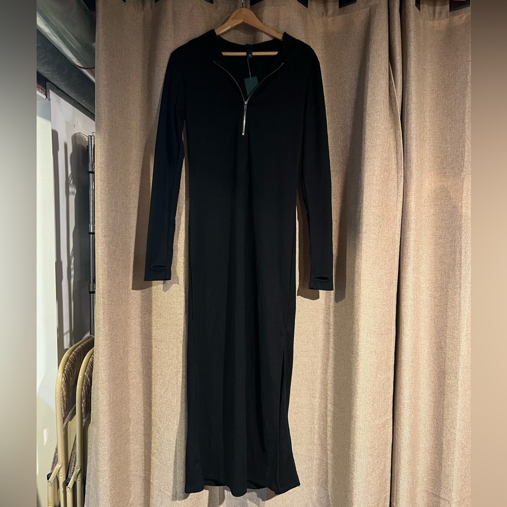Wild Fable womens small Dress Black Hooded Quarter Zip Side Slit New